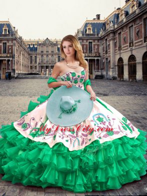 Exceptional Green Sweetheart Lace Up Embroidery and Ruffled Layers Sweet 16 Dresses Sleeveless