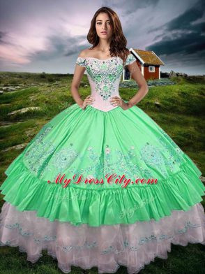 Beading and Embroidery and Ruffled Layers 15th Birthday Dress Green Lace Up Sleeveless Floor Length