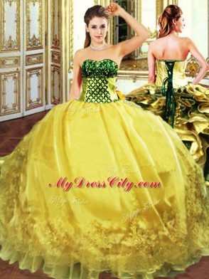 Floor Length Gold 15th Birthday Dress Sweetheart Sleeveless Lace Up