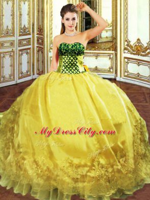 Floor Length Gold 15th Birthday Dress Sweetheart Sleeveless Lace Up