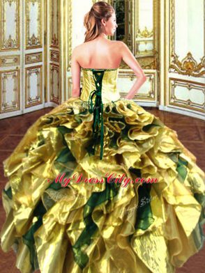 Floor Length Gold 15th Birthday Dress Sweetheart Sleeveless Lace Up