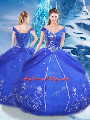 Beauteous Floor Length Lace Up Quince Ball Gowns Blue for Military Ball and Sweet 16 and Quinceanera with Appliques