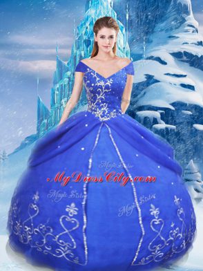 Beauteous Floor Length Lace Up Quince Ball Gowns Blue for Military Ball and Sweet 16 and Quinceanera with Appliques