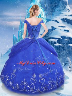 Beauteous Floor Length Lace Up Quince Ball Gowns Blue for Military Ball and Sweet 16 and Quinceanera with Appliques