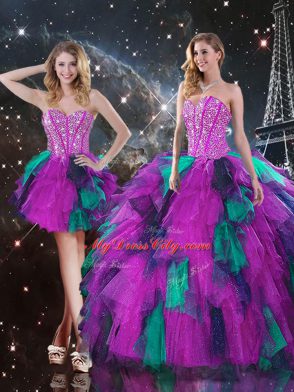 Multi-color Tulle Lace Up Quinceanera Gown Sleeveless Floor Length Beading and Ruffles