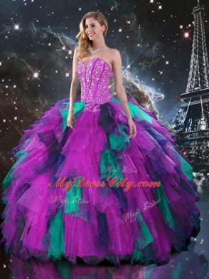 Multi-color Tulle Lace Up Quinceanera Gown Sleeveless Floor Length Beading and Ruffles