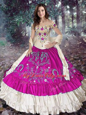 Taffeta Sleeveless Floor Length Vestidos de Quinceanera and Embroidery and Ruffled Layers