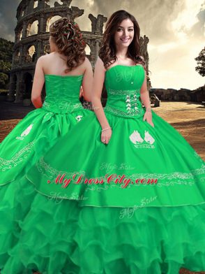 Luxurious Green Zipper Strapless Embroidery and Ruffled Layers Sweet 16 Dress Taffeta Sleeveless