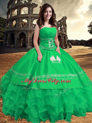 Luxurious Green Zipper Strapless Embroidery and Ruffled Layers Sweet 16 Dress Taffeta Sleeveless