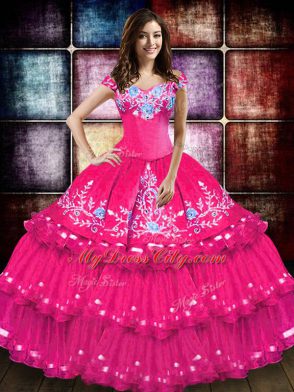 Ball Gowns 15 Quinceanera Dress Hot Pink Off The Shoulder Taffeta Sleeveless Floor Length Lace Up