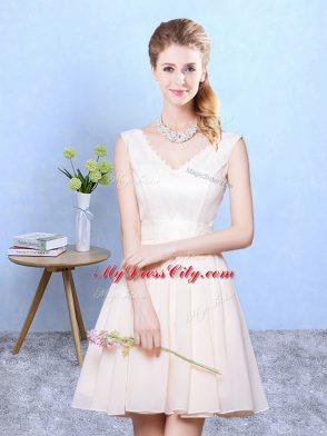 V-neck Sleeveless Court Dresses for Sweet 16 Knee Length Ruching Champagne Chiffon