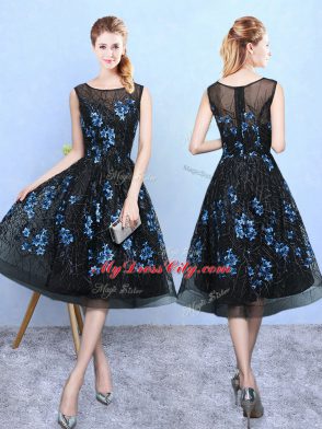 Blue And Black Sleeveless Appliques Knee Length Bridesmaid Dress