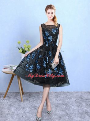 Blue And Black Sleeveless Appliques Knee Length Bridesmaid Dress