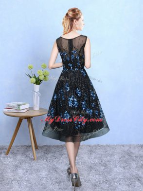 Blue And Black Sleeveless Appliques Knee Length Bridesmaid Dress