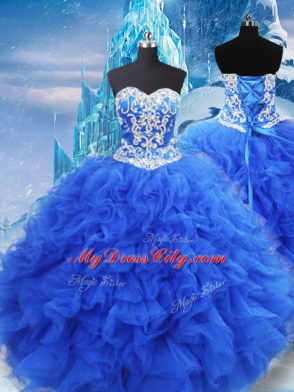 Floor Length Blue 15 Quinceanera Dress Organza Sleeveless Beading and Ruffles