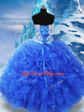 Floor Length Blue 15 Quinceanera Dress Organza Sleeveless Beading and Ruffles