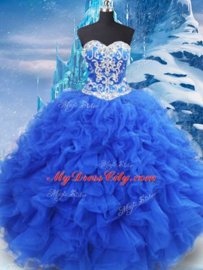 Floor Length Blue 15 Quinceanera Dress Organza Sleeveless Beading and Ruffles