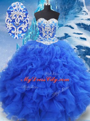 Floor Length Blue 15 Quinceanera Dress Organza Sleeveless Beading and Ruffles