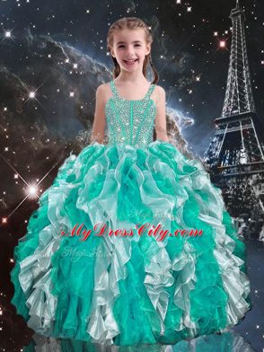 Straps Sleeveless Lace Up Custom Made Pageant Dress Turquoise Organza