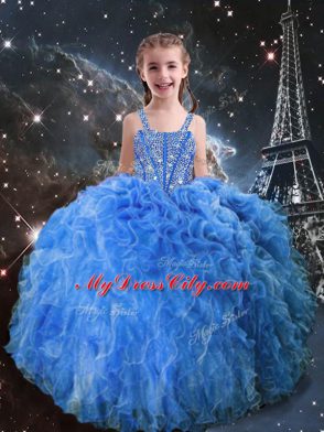 Baby Blue Straps Neckline Beading and Ruffles Little Girls Pageant Gowns Sleeveless Lace Up