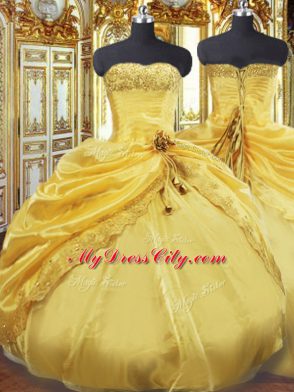 Fantastic Gold Lace Up Strapless Beading and Pick Ups Vestidos de Quinceanera Taffeta Sleeveless