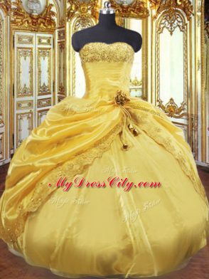 Fantastic Gold Lace Up Strapless Beading and Pick Ups Vestidos de Quinceanera Taffeta Sleeveless