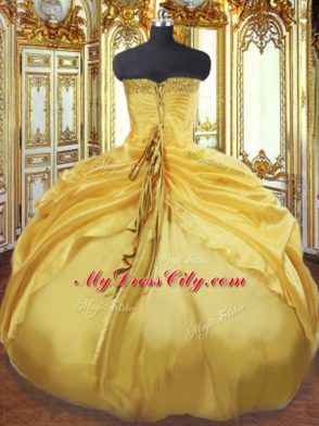 Fantastic Gold Lace Up Strapless Beading and Pick Ups Vestidos de Quinceanera Taffeta Sleeveless