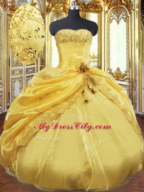 Fantastic Gold Lace Up Strapless Beading and Pick Ups Vestidos de Quinceanera Taffeta Sleeveless