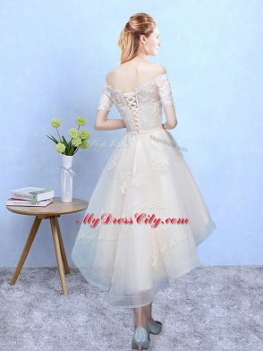 Nice White Off The Shoulder Neckline Appliques Bridesmaid Dresses Sleeveless Lace Up