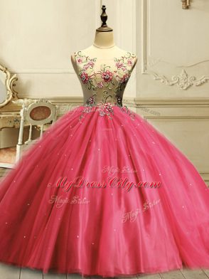 Coral Red Ball Gowns Tulle Scoop Sleeveless Appliques and Sequins Floor Length Lace Up Quinceanera Gowns