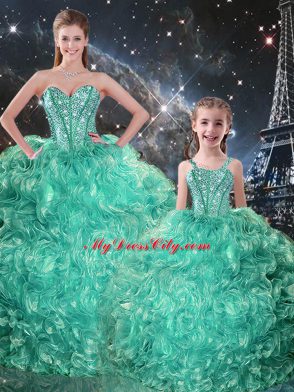 Turquoise Sleeveless Organza Lace Up Quinceanera Gown for Military Ball and Sweet 16 and Quinceanera