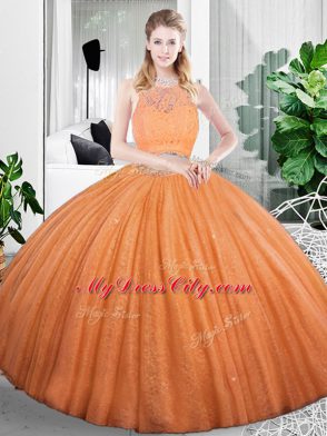 Orange Scoop Neckline Lace and Ruching 15th Birthday Dress Sleeveless Zipper
