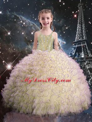 Sleeveless Lace Up Floor Length Beading and Ruffles Party Dress for Toddlers