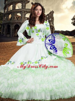 Eye-catching Long Sleeves Lace Up Floor Length Embroidery and Ruffled Layers Vestidos de Quinceanera