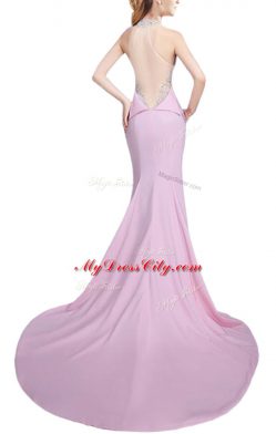 Cheap Purple Prom Party Dress Prom and Party with Beading Halter Top Sleeveless Brush Train Side Zipper