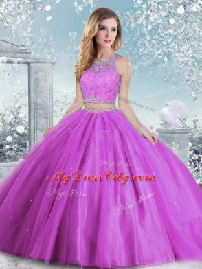 Super Lilac Tulle Clasp Handle Quinceanera Dress Sleeveless Floor Length Beading and Sequins