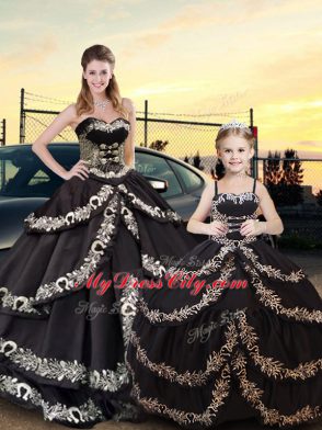 Black Sweet 16 Quinceanera Dress Military Ball and Sweet 16 and Quinceanera with Embroidery and Ruffled Layers Sweetheart Sleeveless Lace Up