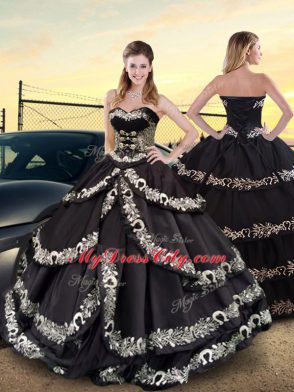 Black Sweet 16 Quinceanera Dress Military Ball and Sweet 16 and Quinceanera with Embroidery and Ruffled Layers Sweetheart Sleeveless Lace Up