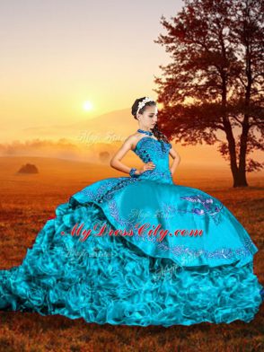 Unique Sleeveless Embroidery and Ruffles Lace Up Vestidos de Quinceanera with Baby Blue Brush Train