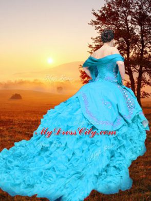 Unique Sleeveless Embroidery and Ruffles Lace Up Vestidos de Quinceanera with Baby Blue Brush Train