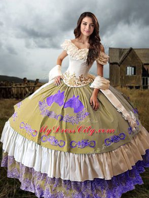 Multi-color Sweet 16 Dress Military Ball and Sweet 16 and Quinceanera with Embroidery and Ruffled Layers Off The Shoulder Sleeveless Brush Train Lace Up