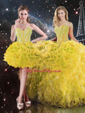 Flirting Sleeveless Lace Up Floor Length Beading and Ruffles 15th Birthday Dress