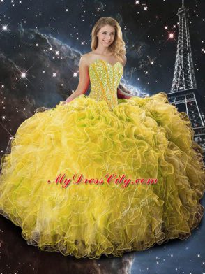 Flirting Sleeveless Lace Up Floor Length Beading and Ruffles 15th Birthday Dress