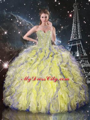 Yellow Lace Up Sweetheart Beading and Ruffles Quinceanera Gown Organza Sleeveless