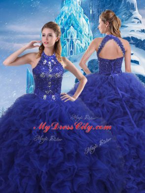Superior Blue Sweet 16 Dress Military Ball and Sweet 16 and Quinceanera with Beading and Ruffles Scoop Sleeveless Brush Train Lace Up