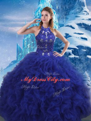 Superior Blue Sweet 16 Dress Military Ball and Sweet 16 and Quinceanera with Beading and Ruffles Scoop Sleeveless Brush Train Lace Up