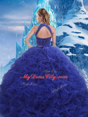 Superior Blue Sweet 16 Dress Military Ball and Sweet 16 and Quinceanera with Beading and Ruffles Scoop Sleeveless Brush Train Lace Up