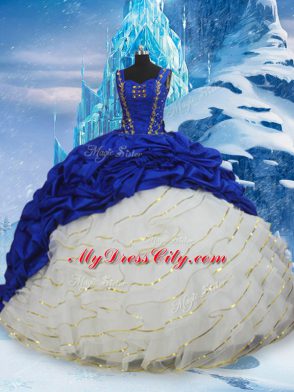 Blue And White Ball Gowns Taffeta Straps Sleeveless Ruffled Layers and Pick Ups Lace Up Ball Gown Prom Dress Brush Train