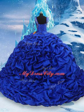 Blue And White Ball Gowns Taffeta Straps Sleeveless Ruffled Layers and Pick Ups Lace Up Ball Gown Prom Dress Brush Train