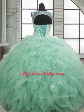 Flirting Apple Green Ball Gowns Beading and Ruffles Quince Ball Gowns Lace Up Organza Sleeveless Floor Length